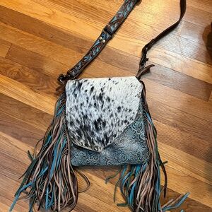 Myra Bag Teal Brown Haircalf Fringe Crossbody